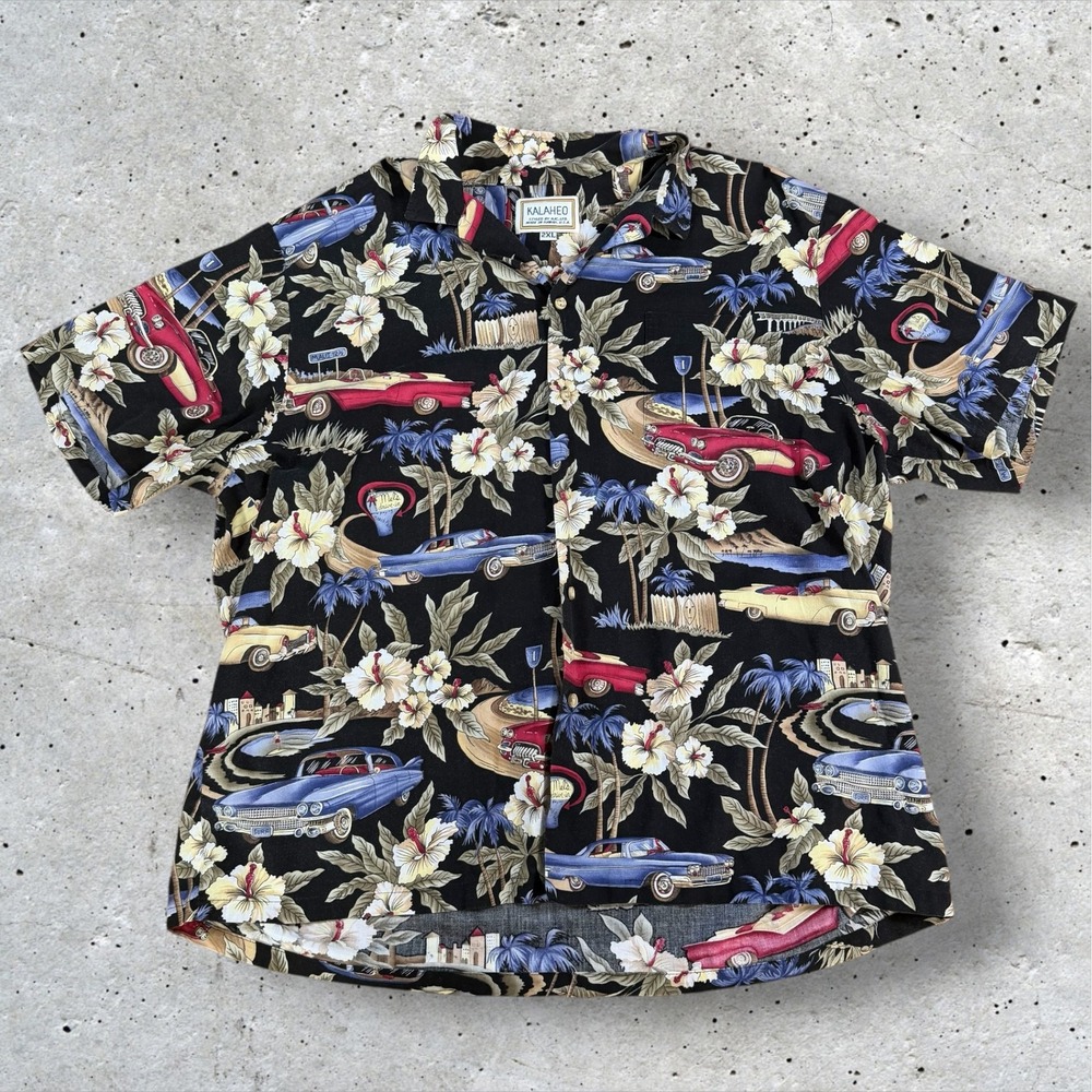 Kalaheo Men Hawaiian Shirt 2XL Black Classic Cars Floral Hibiscus Made in Hawaii